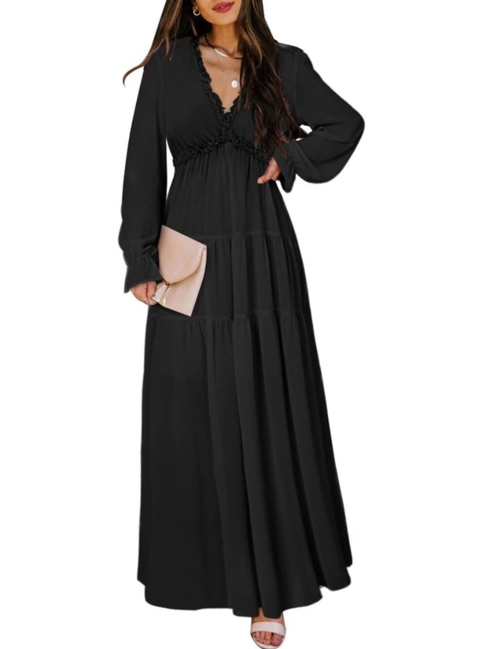 Womens Casual Boho Floral Deep V Neck Long Sleeve Maxi Dress